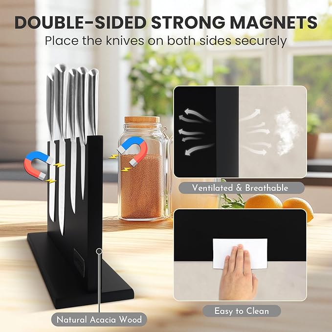 DAWNTREES Large Black Magnetic Knife Holder, 16 Inch Magnetic Knife Block Kitchen Counter Universal Knife Display Rack Multifunctional Storage
