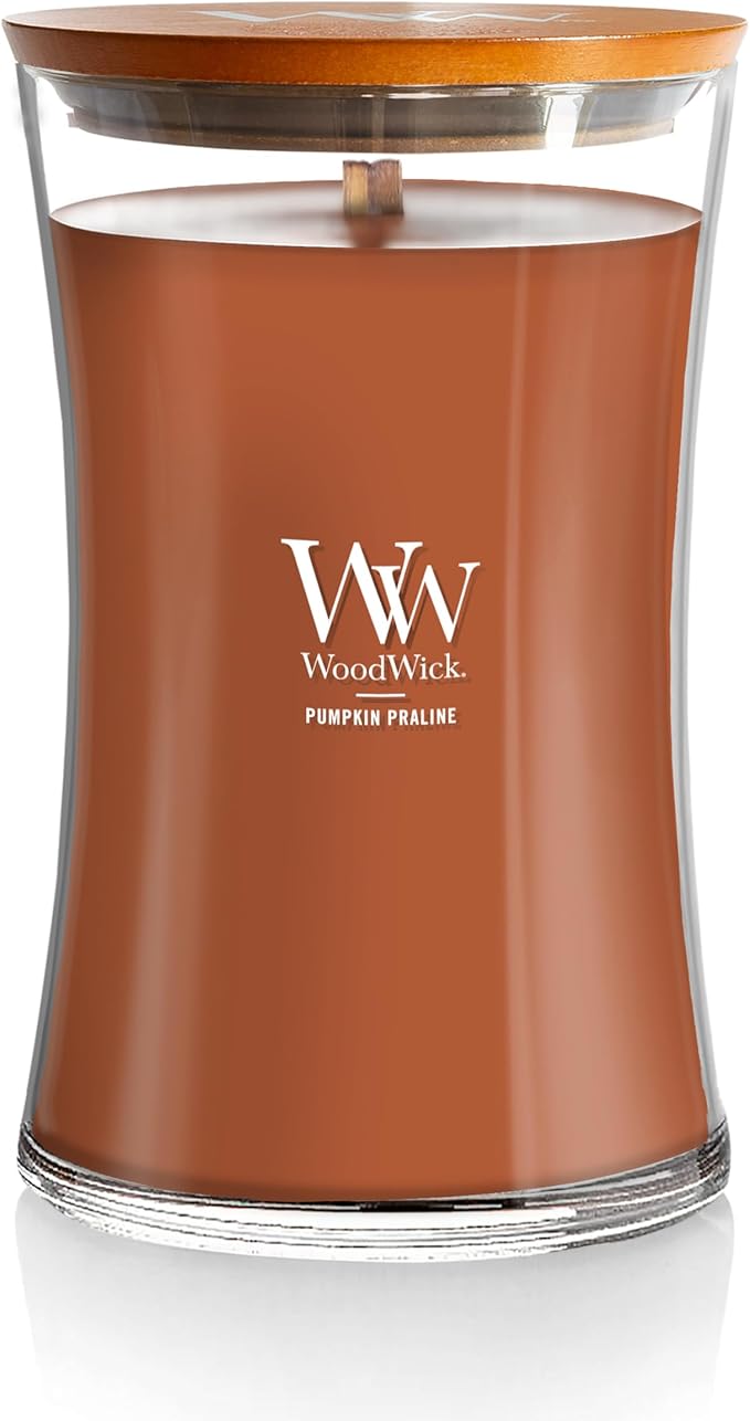 WoodWick Pumpkin Praline Holiday Candle Gifts for Women and Men, 21.5 oz Large Hourglass Candle with Crackling Wick