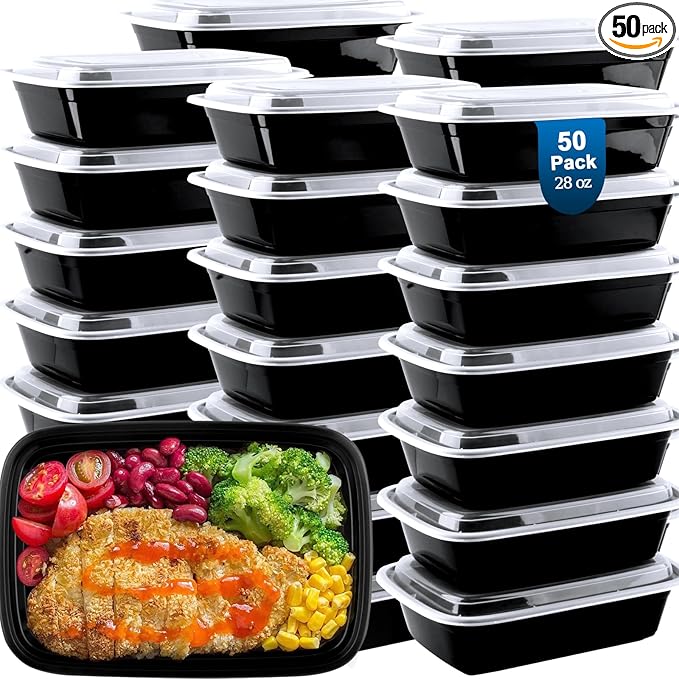 Meal Prep Containers Reusable 50 Pack - 28 oz Food Containers with Lids-Food Storage Containers with Lids, 28 oz -Take Out Disposable,BPA Free - Dishwasher & Freezer Safe