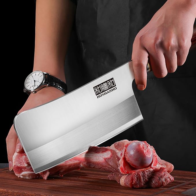 HOSHANHO 7 inch Cleaver Knife, High Carbon Powder Steel Meat Cleaver, Bone Chopper Butcher Knife with Ergonomic Wooden Handle for Home Kitchen and Restaurant