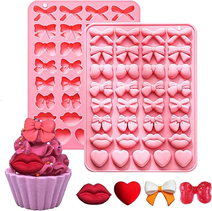 2PCS Silicone Molds Candy Bow Chocolate Silicone Mold Lip Chocolate Mold Heart Chocolate Molds, 33 Cavity Heart Shaped Mold for DIY Resin Product, Baking, Candy, Candles Pink