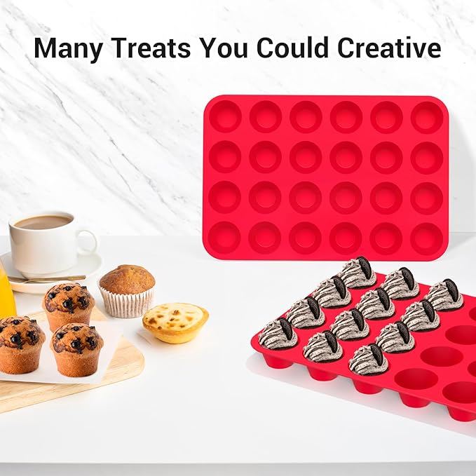 Redfly 24-Cup Silicone Mini Muffin Pan – 2 Pack Cupcake & Muffin Baking Tin Cupcake Pans