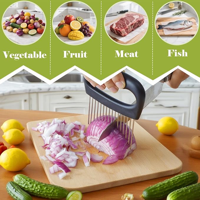 FANTEXY Onion Holder for Slicing - Onion Slicer and Meat Tenderizer Extra Large 16-Prong Stainless Steel, Vegetable Chopper for Potatoes, Tomatoes Slicer Assistant Tool for Lemons,Avocados,Carrot