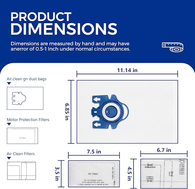 Vacuum Cleaner Bags Fit for Miele Classic C1 Complete C1 C2 C3 S227 S240 S270 S400 S2 S5 S8 Series, Include 9 Packs 3D Efficiency Airclean Bags with 3 Motor Protection Filters and 3 AirClean Filters