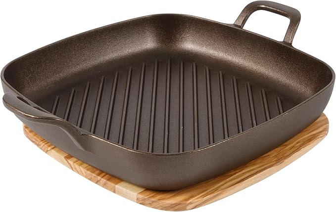 Bloomhouse Natural Bronze Finish 12-Inch Square Cast Iron Grill Pan – Olive Oil Treated Surface with Dual Handles & Olive Wood Trivet, Oven, Grill & Campfire Safe
