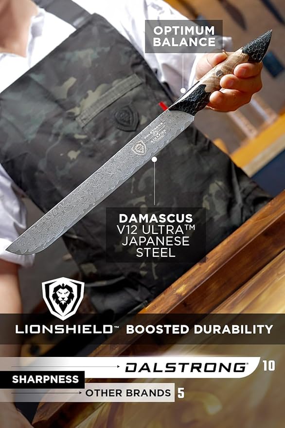 Dalstrong Meat Slicer Knife - 11”-Scorpion Series - Venom Edition - Japanese Steel Chef Knife - Spiral Sandstorm Blade Pattern - Black Honeycomb Resin Handle - w/Leather Sheath
