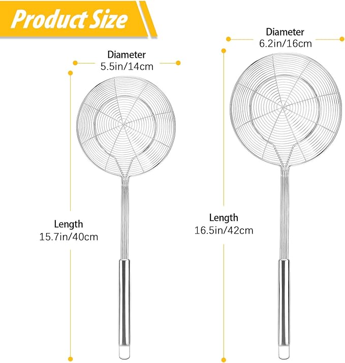 Pack of 2 Large Spider Strainer, Stainless Steel Skimmer Basket,Kitchen Ladle Strainers,Mesh Spoons with Long Handle, Cooking Tools for Frying, Boiling Noodles, Dumplings, Pasta