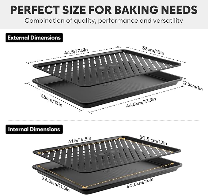Cookie Sheet for Baking with Wire Rack, Thicker Carbon Steel Half Baking Sheet Pan Set Non Stick, Cooling Rack for Cooking and Baking, 17.5 x 13 Inch Ceramic Cookie Tray
