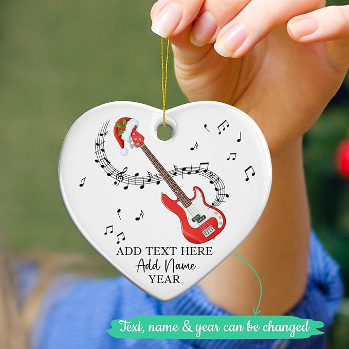 Custom Bass Guitar Christmas Ceramic Ornament, Personalized Guitarist Xmas Ornament with Text Name & Year, Bass Guitar Lovers Christmas Tree Ornaments 2025, Musical Instrument Players Gifts
