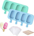 Ouddy Life Popsicle Molds Set of 2, Ice Pop Molds Silicone 4 Cavities Ice Cream Mold Oval Cake Pop Mold with 50 Wooden Sticks for DIY Popsicle, Green Blue