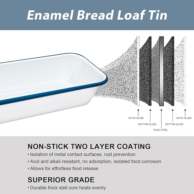 Webake Large Enamel Bread Pan, Long Banana Bread Loaf Pan for Baking, Non-Stick Rectangle Cake Pan Enamelware White 12 x 4.5 Inches