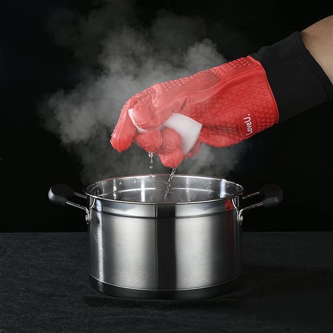 Kitchen Oven Gloves - Dual-Layer Heat Resistant Grilling Gloves, Silicone Oven Mitts with 5 Fingers, Waterproof Non-Slip Pot Holder for Barbecue, Cooking, Baking (Red, Long)