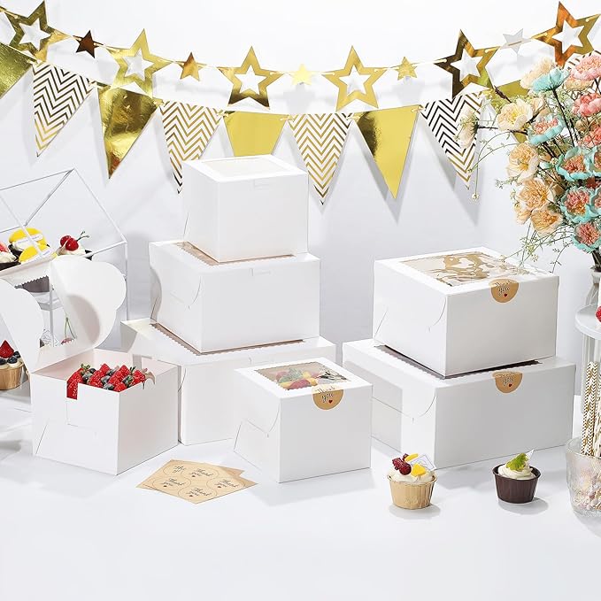 Small Cake Boxes 8 Inch with Window, 4 Set Bakery Boxes with Cake Boards & Stickers, Cupcake Box for Birthday, Party, Wedding, Mother's Day, Valentine's Day, Christmas（8x8x5 inch）
