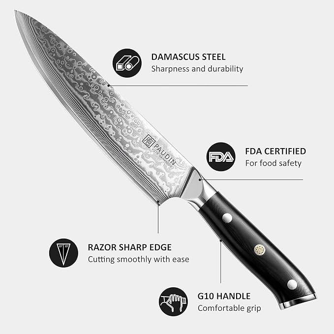 PAUDIN Damascus Chef Knife, 8 Inch Kitchen Knife, 67 Layers Damascus Steel Knife Japanese VG10 Core, Professional Chefs Knife with Ergonomic G10 Handle