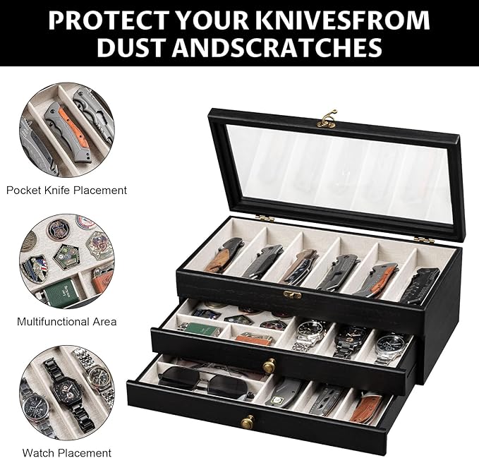 Knife Display Case, 3-Layer Pocket Knife Case Display & Storage Knives, Solid Wood Knife Case for Collections, Gift for Boyfriend Fathers Day Birthday Gifts(Black)