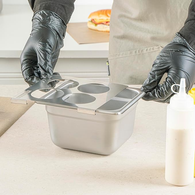 Restaurantware Squeeze Bottle Template Pack of 1 Stainless Steel 4 Hole Holder Top, 2.5" Diameter Fits 1/6 Size Food Pans, Dishwasher Friendly Integrated Lip Design Holder Top for Condiment Bottles