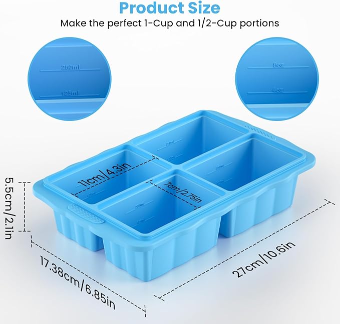 Silicone Freezer Tray With Lid, Silicone Freezing molds, Ice Cube Tray For Food, Release Soup Freezer Molds for freezing food, Soup, and Leftovers-Makes 4 Perfect 1 Cup- 3 Pack.