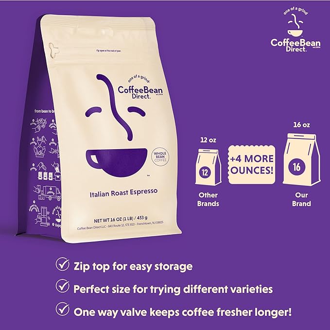 Coffee Bean Direct Italian Roast Espresso, Whole Bean Coffee, Dark Roast, 1 Pound Bag (Pack of 1)