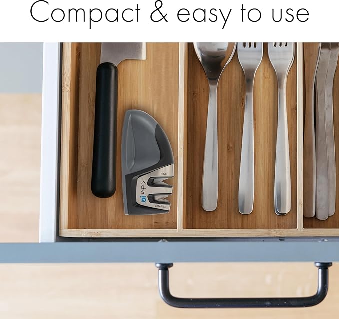 KitchenIQ 50009 Edge Grip 2-Stage Knife Sharpener, Black, Coarse & Fine Sharpeners, Compact for Easy Storage, Stable Non-Slip Base, Soft Grip Rubber Handle, Straight & Serrated Knives
