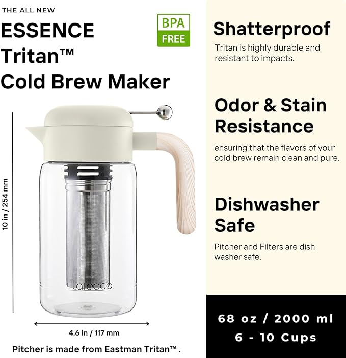 LAFEECA Iced Tea Maker and Infuser - Large Jug with Airtight Lid for Cold Brew - Stainless Dual Ultra Filter - Tritan Pitcher - 2000 ml / 68 oz - Dune