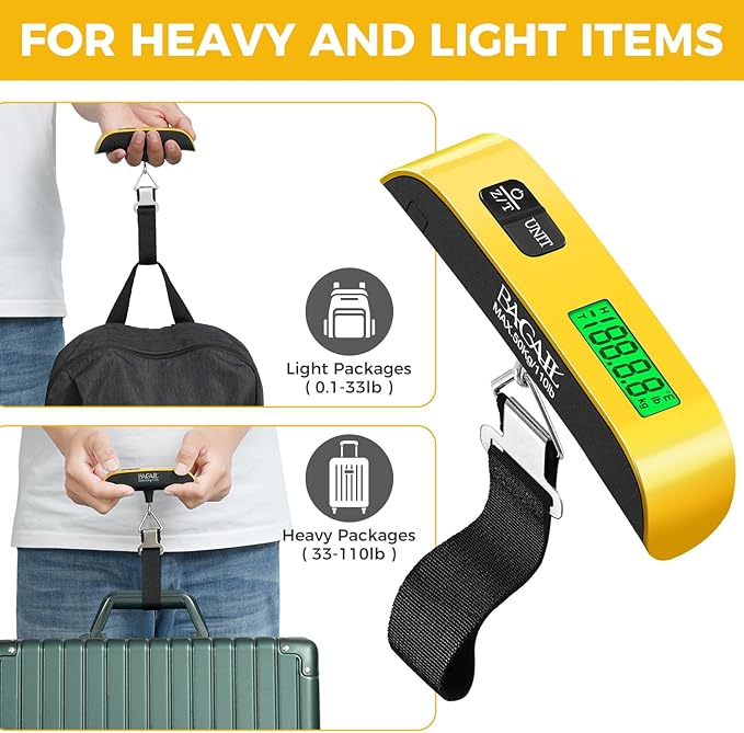 BAGAIL Digital Luggage Scale, 110lbs Hanging Baggage Scale with Backlit LCD Display, Portable Suitcase Weighing Scale, Travel Luggage Weight Scale with Hook, Strong Straps for Travelers