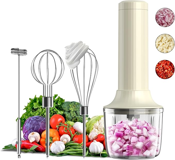 Cordless Hand Mixer MixgoII, Handheld Mixer Electric Whisk & Milk Frother, Hand Held Mini Mixers, Rechargeable Hand Mixer and Whisker, Food Processor for Cooking, Food Chopper, 4-Speed, 10Oz