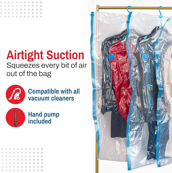 Spacesaver Hanging Vacuum Storage Bags (Pack of 4) - Vacuum Sealer Bags, Closet Organizer, Sealed Storage, Space Bag - Blanket, Bedding, Garment, Clothing, Dress, Suit, Long Coat, Jacket