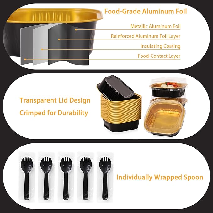 FORBFAN 150 Pack 8 oz Mini Square Cake Pans with Lids, Aluminium Foil Square Brownie Baking Cups, Black and Gold Disposable Ramekins Oven Safe