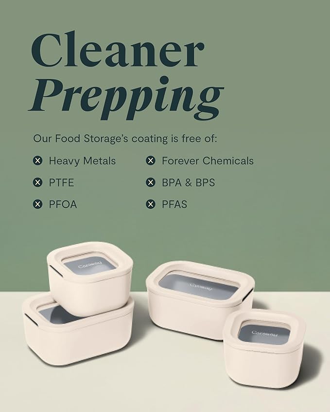Caraway Mini Food Storage 9pc Set - Glass Storage Containers for Food - Non-Toxic Ceramic-Coated Glass - Air Release Technology - Compact & Stackable Design - Sage