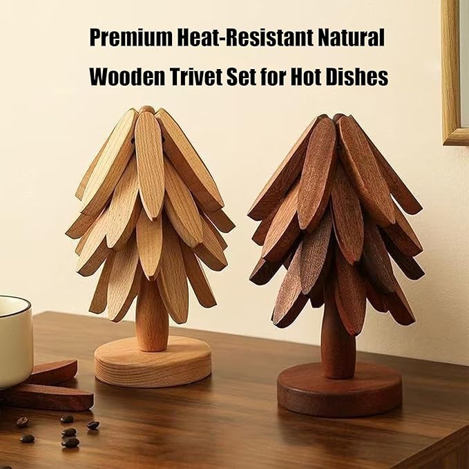 Natural Wood Tree Trivet Set, 𝐍atural Tree Trivet Set - 4 Wooden Trivets,4 Wooden 𝐓rivets & 1 Stand Like a Christmas Trees,for Hot Dish,Pot,Bowl,Teapot,Hot Pot Sets (Natural Wood 3 Trivets,2set)