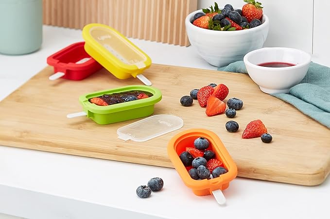 Lékué Set of 4 Stackable Popsicle Molds + Sticks & Lids | Homemade Freezer Ice Pops & Frozen Snacks | Flexible Platinum Silicone for Easy Fill & Unmold | Reusable & Dishwasher Safe| Multicolor