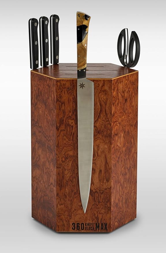 360KB MAX ™ (Bubinga Pomele - Limited Edition 2023) magnetic rotating knife block - w/top slots, capaciy for 20+ knives - largest in the 360 Knife Block ® family.