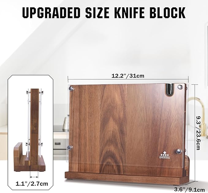 ENOKING Magnetic Knife Block 12.2 x 9.3", Double Sided Magnetic Knife Holde with Knife Sharpener, Acacia Wood Magnetic Knife Stand with Acrylic Shield for Kitchen Countertop