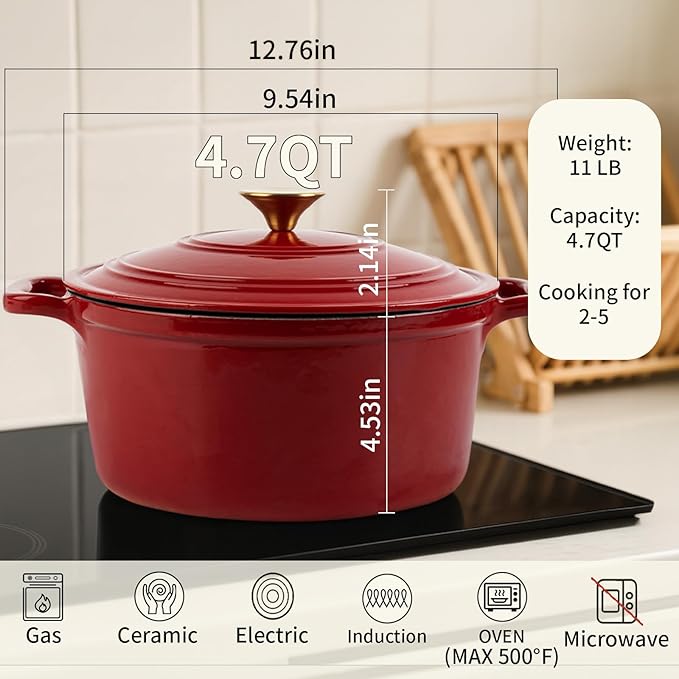 Enamel Cast Iron Dutch Oven with Lid, Round Casserole Pot for Bread Baking, Braising, Roasting, and Stews, Heavy-Duty, Oven Safe, Induction Compatible (4.7QT,Red)