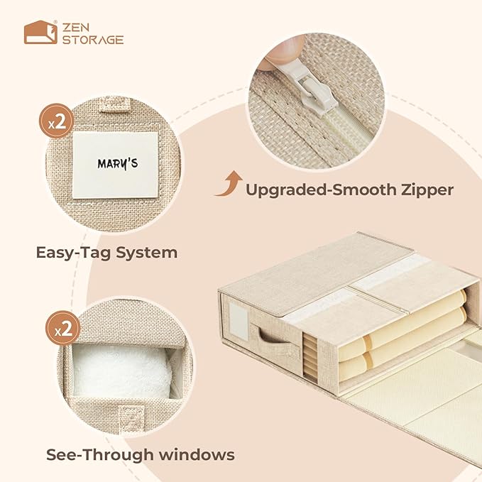 8Pack Sheet Organizers for Linen Closet - King/Queen Size Bedding Storage Boxes with Clear Window | Foldable, Dustproof Linen Organizer for Blankets & Sheet Sets,Beige