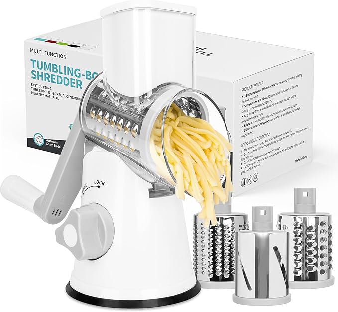 X Home Rotary Cheese Grater for Kitchen, Shredder with 3 Interchangeable Blades, Rotary Grater with Handle and Strong Suction Base, for Vegetables, Fruit, Nuts, Easy to Use and Clean, White
