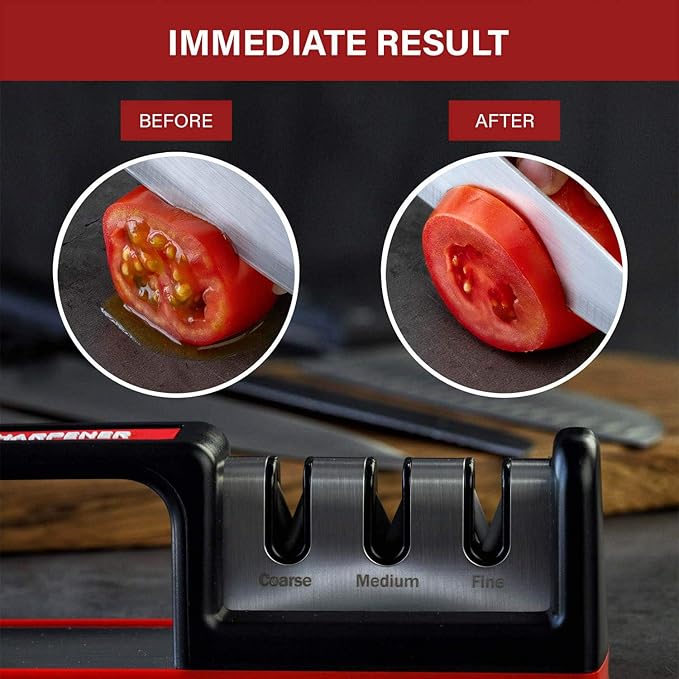 Kitchen Knife Sharpener - Complete 3-stage Knife Sharpener CS-T01 with Diamond Dust Rods, Sturdy Design, Non-slip Base Pat, Easy and Safe to Use, Fast and Effective Manual Sharpening Tool