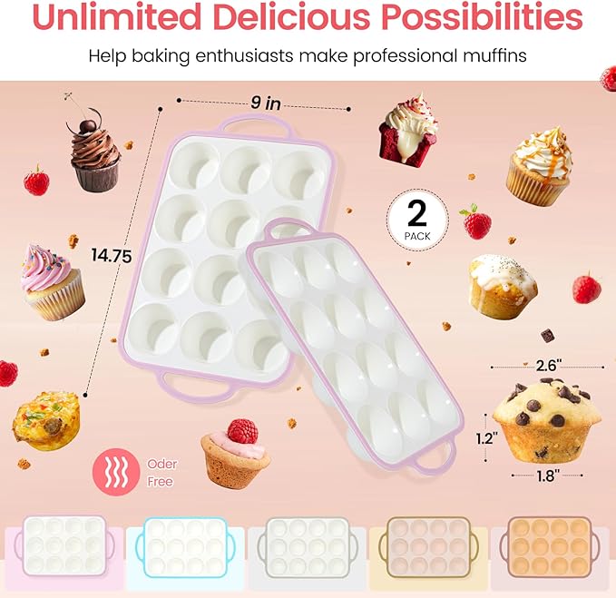 Silicone Muffin Pans for Baking 2 Pack, 2.6 Inch with Metal Reinforced Frame, Regular Size Nonstick Silicone Cupcake Pan for Baking Homemade Muffins, Cupcakes, Dishwasher Safe BPA Free-Pink