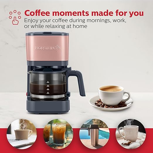 Holstein Housewares 5 Cup Coffee Maker – Compact Drip Coffee Machine with Auto Pause & Serve, Reusable Filter, Glass Carafe, Water Window & Warming Plate. Dark Grey & Rose Gold