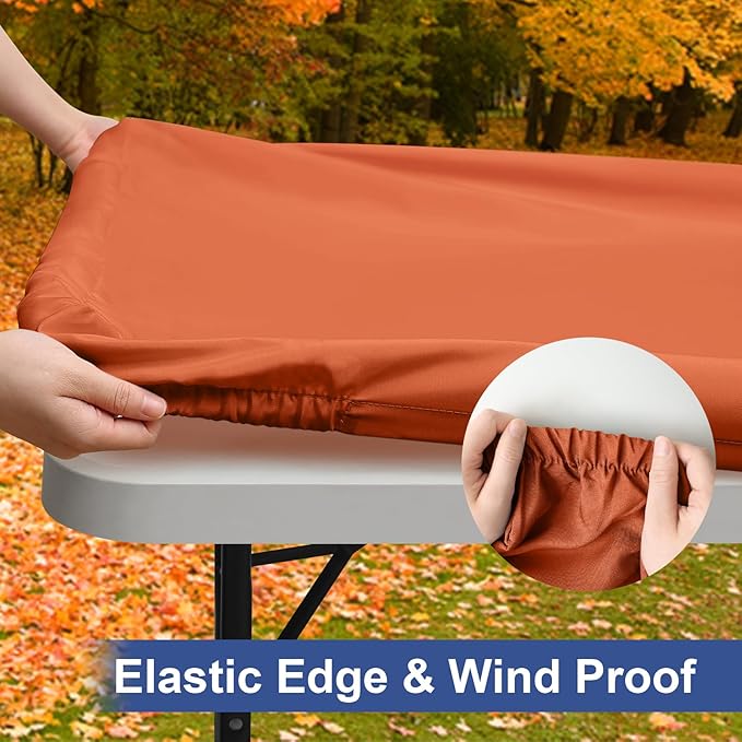 homing Rectangle Table Cloth Cover, Waterproof Polyester Elastic Fitted Tablecloth, Fits for 8 Foot Folding Tables, Washable Table Protector for Fall, Thanksgiving, Harvest Party (Rust, 30" x 96")