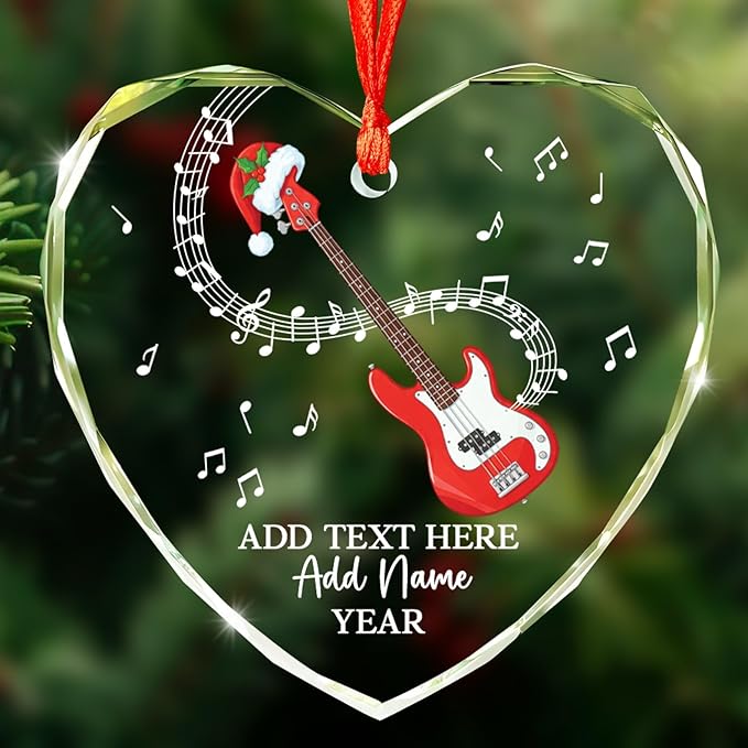 Personalized Bass Guitar Christmas Tree Glass Ornament, Bass Guitar Lovers Christmas Ornaments 2025, Custom Guitarist Xmas Ornament with Text Name & Year, Musical Instrument Players Gifts