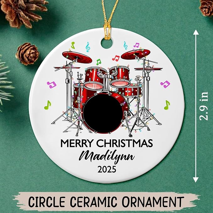 Personalized Drum Set Ceramic Christmas Ornament 2025, Customized Text Year Name Drummer Keepsake Ornaments Gift for Women Men Friend Daughter Son, Drumming Drum Set Ceramic Ornament for Appreciation