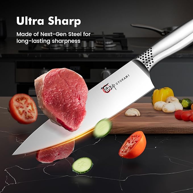 Japanese Knives Set for Kitchen, Magnetic Knife Set with Block and Sharpener, Stainless Steel Knife Set as Gift for Couple, Wedding, Women or Mom with Gift Box, 14 PCS Black Dot