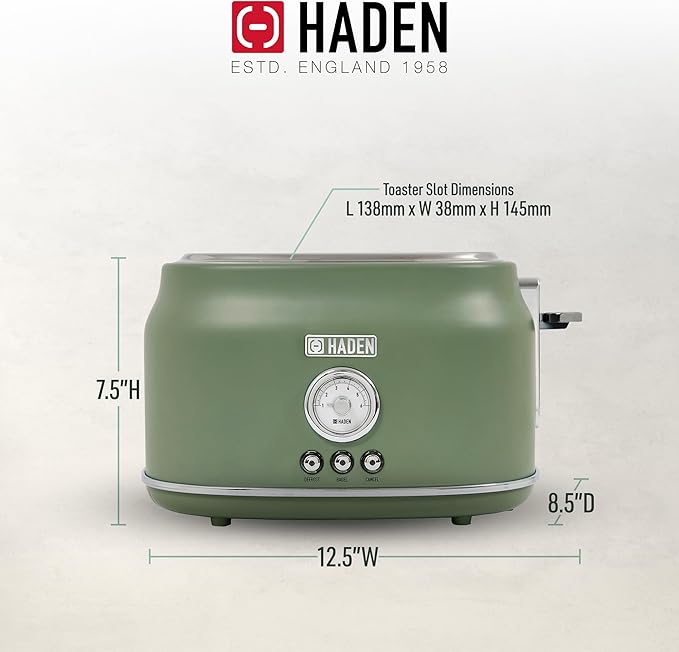 Haden Dorset 2 Slice Wide Slot Stainless Steel Toaster with Adjustable Browning Control & Non Slip Feet, Cedar Green & Chrome