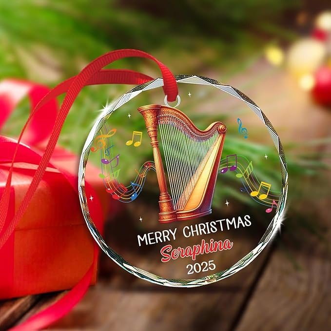 Harpist Musical Christmas Tree Glass Ornament, Personalized Text & Name Harp Player Xmas Keepsake Gift, Musical Instrument Christmas Ornament Gifts for Harpist, Custom Harp Lover Glass Ornaments 2025