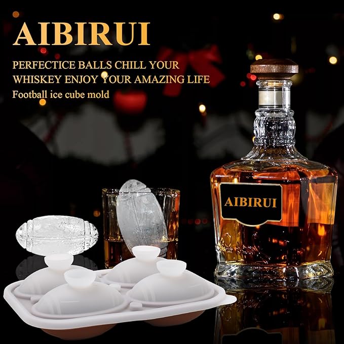 Whiskey Ice Cubes Mold,Football Gift Ball Ice Maker Mold,Fun Shapes 2.5 INCH,Football ice mold for Super Bowl Party,Football Accessories for Men,Silicone Ice Cube Tray for Cocktails,Bourbon