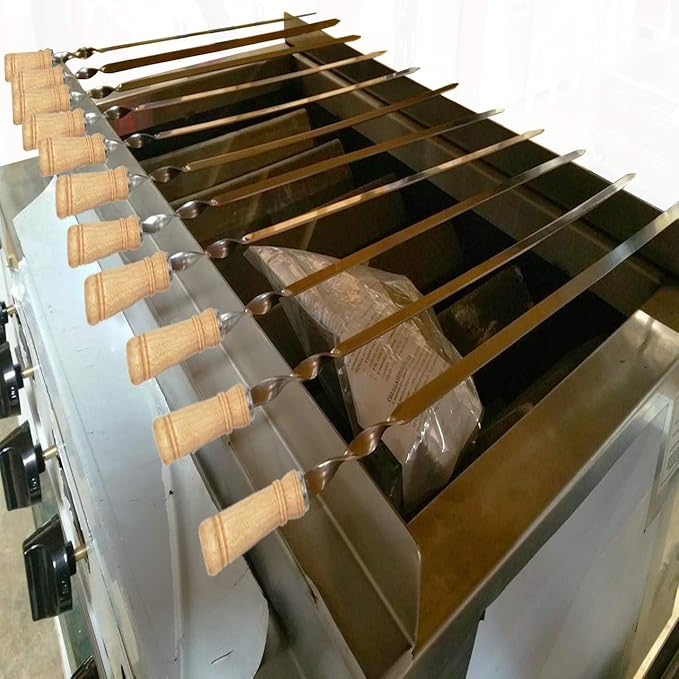 12 Pack Kabob Skewers BBQ Barbecue Skewers Stainless Steel Sticks 22 Inch Heavy Duty Large Wide Reusable with Nonslip Wooden Handle Ideal for Shish Kebab Chicken Shrimp and Vegetables