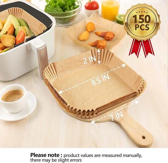 8.5 Inch Air Fryer Liners, 150PCS Non-Stick Air Fryer Paper Liners Disposable, Oil-Proof & High-Temperature Resistant Square Baking Paper for Air Fryer, Microwave, Oven（Bottom Is 7 Inch）