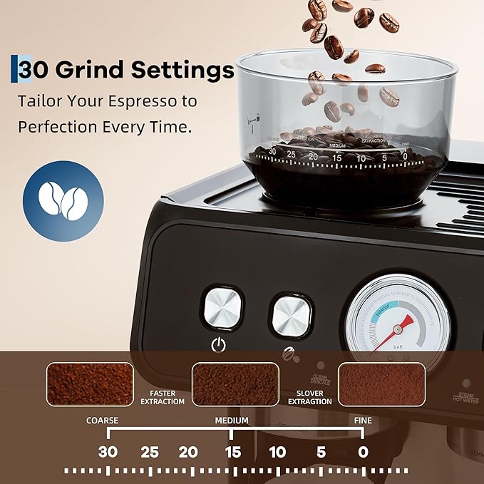 Garvee 20 Bar Pressure Stainless Steel Espresso Machine with Grinder, 2.8L Removable Water Tank, Milk Frother Steam Wand for Latte/Cappuccino - Adjustable Shot Volume, Professional Home/Office Use