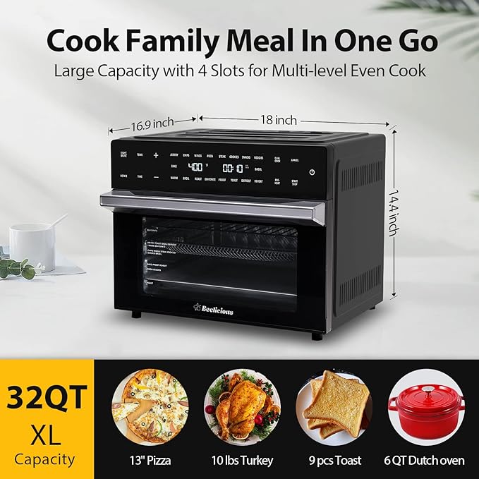 32QT Extra Large Air Fryer, 19-In-1 Air Fryer Toaster Oven Combo with Rotisserie and Dehydrator, Digital Convection Oven Countertop Airfryer Fit 13" Pizza, 6 Accessories, 1800w, Black